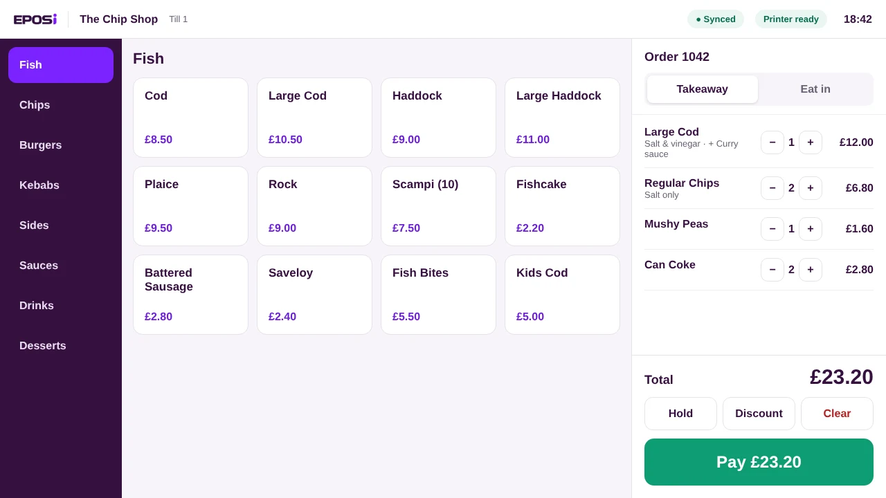 The EPOSI till screen: menu categories, a grid of fish and chip shop items, and an order with a Pay button